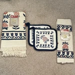 Cannon Tulip Pineapple Kitchen Set, Beige Blue Red, Pot Holder & Towels. Fixed Price $15.00.
