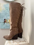 Tan Leather Tall Pull Up Boots W/ Inside Zip Wedge Heel Lace Back Size 6.5m. Fixed Price $47.79.