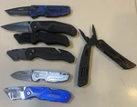 Lot Of 7 Kobalt Folding Pocket Knives, Utility Box Cutters, Multi Tool. Fixed Price $36.00.
