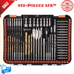 Horusdy 112pc Impact Drill Bits & Screwdriver Set 1/4" Hex For Wood Metal Cement. Fixed Price $38.52.