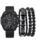 Men's Gun Metal Case Watch Black Strap & Assorted Stackable Bracelets New. Fixed Price $18.95.